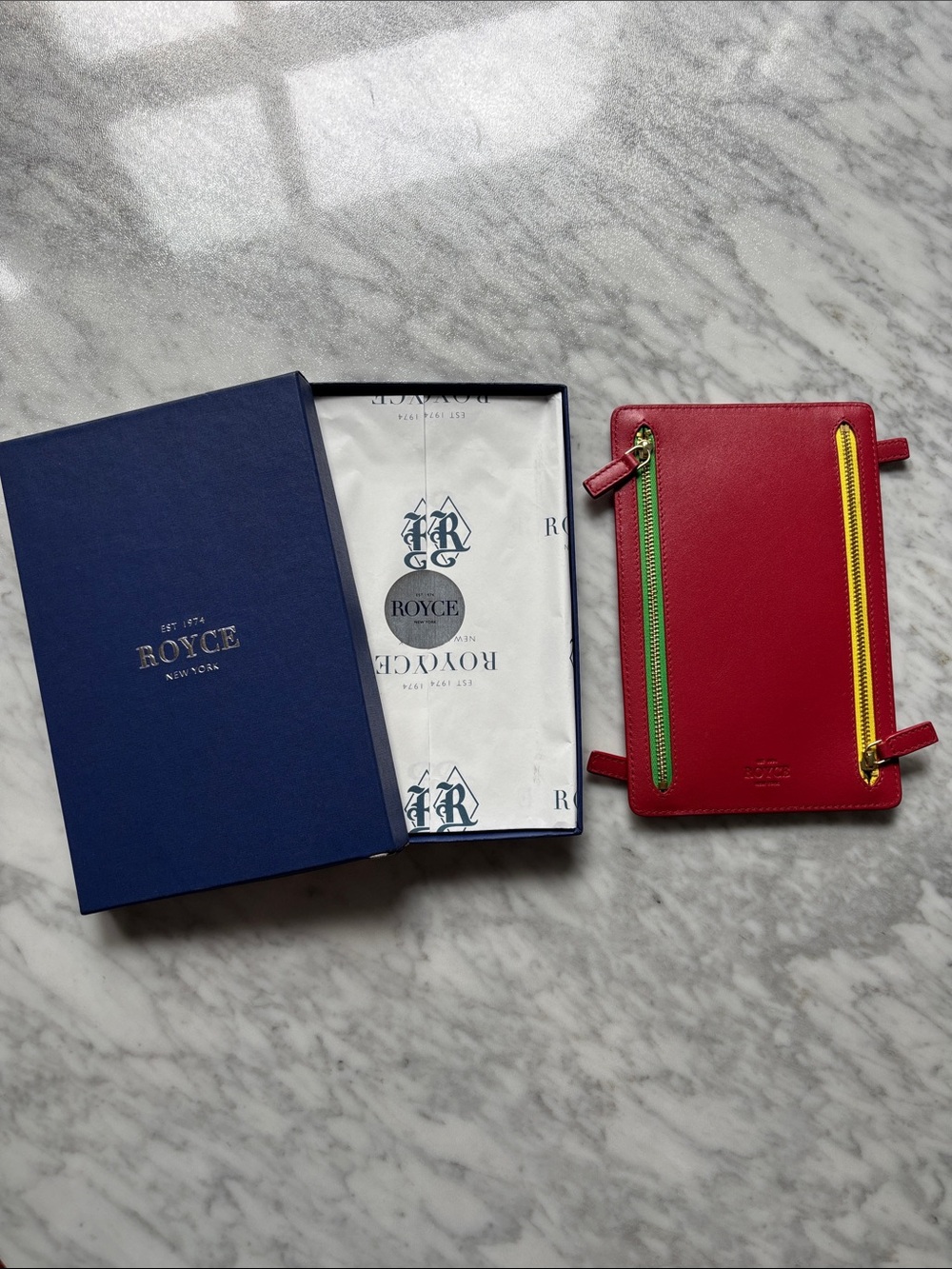 ROYCE New York Red Leather Travel Wallet with Green & Yellow Zippers